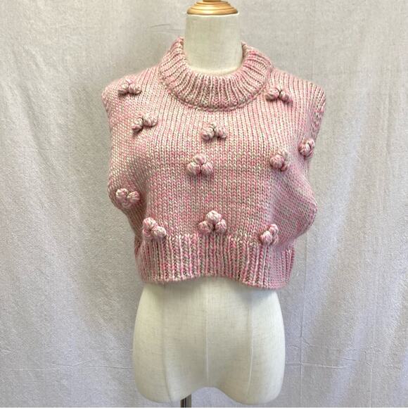 Urban Outfitters pink/tan mock neck boxy sleeveless pom pom  sweater NWT Small - Picture 14 of 14